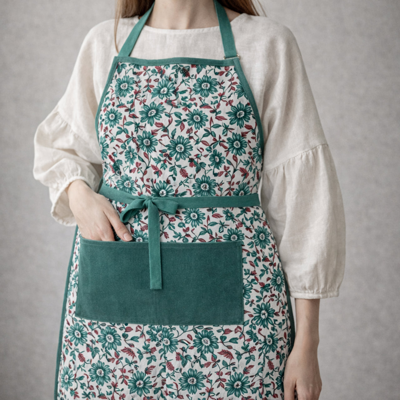 Handmade Block Print Cotton Apron, Velvet Pocket, Adjustable Straps