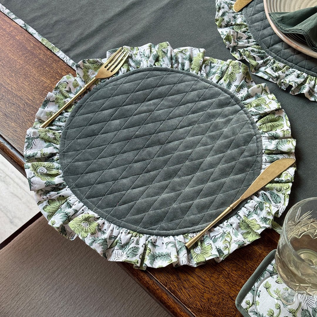 Floral Hand Block Print Quilted Placememats Set of 4 with Napkins & Table Runner – Reversible Cotton Table Linen Set