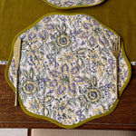 Thumbnail for Dusty mustard Cotton Block Print Placemat Set – Round Wave Piping Table Decor for Dining