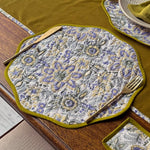 Thumbnail for Dusty mustard Cotton Block Print Placemat Set – Round Wave Piping Table Decor for Dining