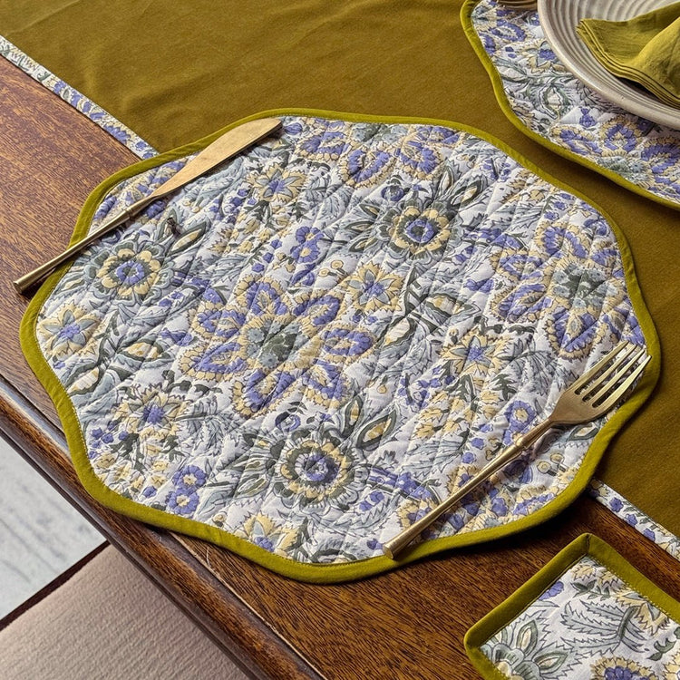Dusty mustard Cotton Block Print Placemat Set – Round Wave Piping Table Decor for Dining