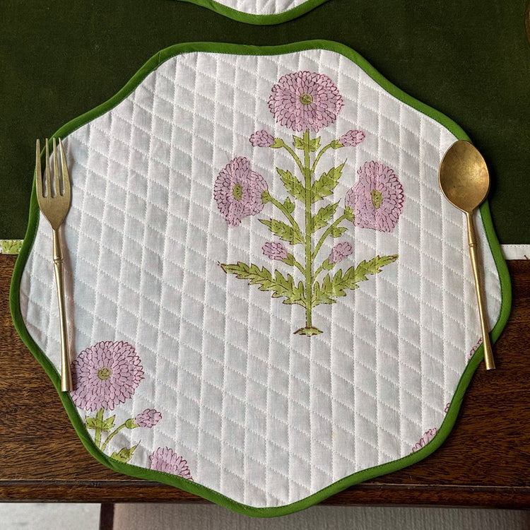 Handmade Round Cotton Placemats – Block Print Dining Table Mats with Wave Edge