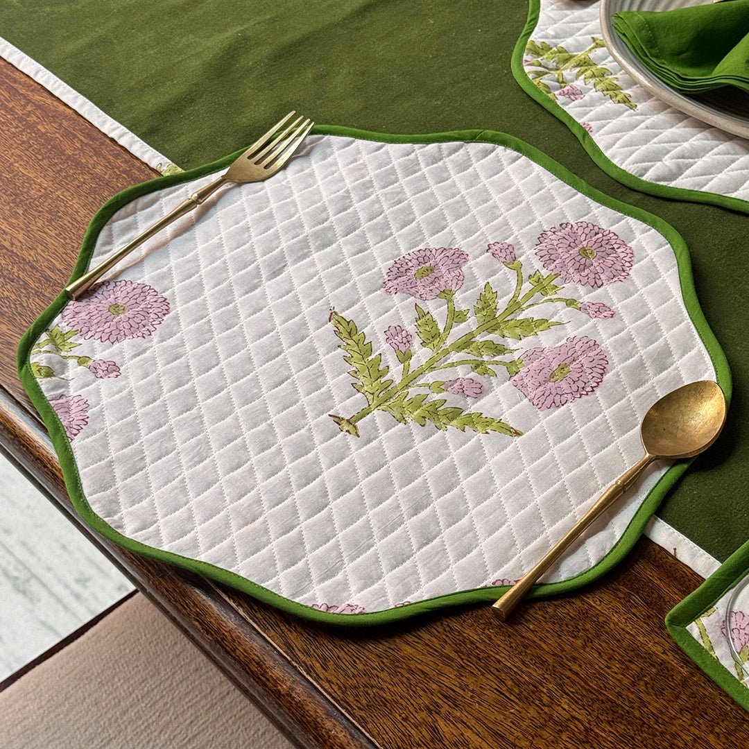 Handmade Moss Green Velvet Table Linen Set – Block Print Tablecloth, Placemats & Coasters for 4 (9-Piece Set)