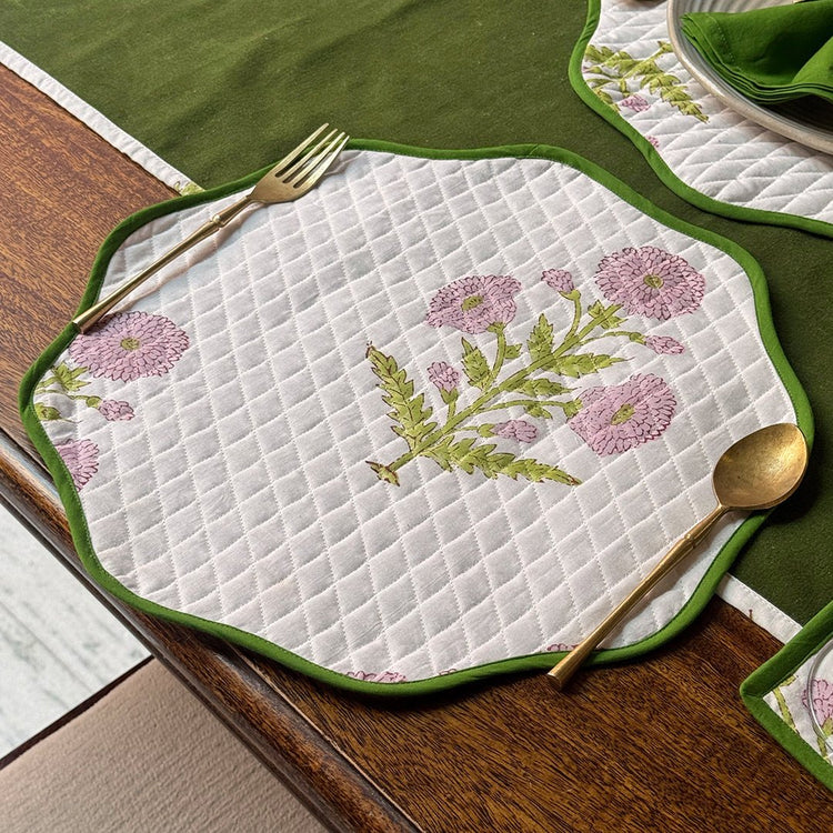 Handmade Round Cotton Placemats – Block Print Dining Table Mats with Wave Edge