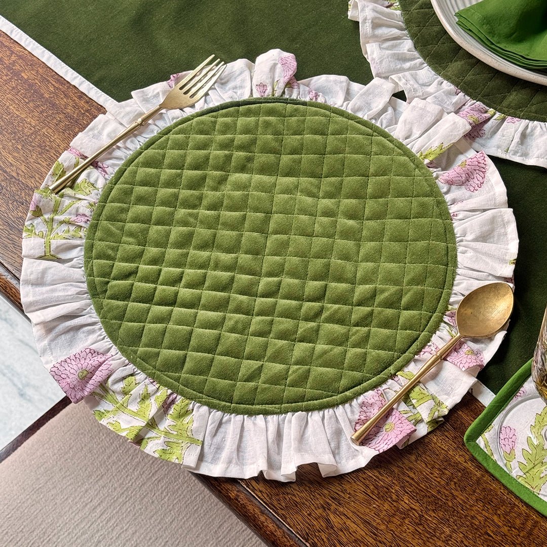 Moss Green Velvet Dining Table Set | Handmade Table Runner, Placemats, Coasters & Napkins