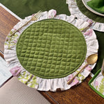 Thumbnail for Handmade Floral Block Print Placemat – Quilted Cotton Table Mat with Ruffle Trim