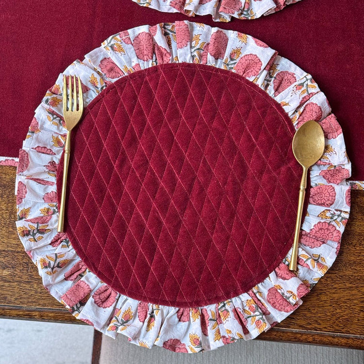 Floral Block Print Cotton Placemat with Ruffle Border – Quilted Handmade Dining Table Mat