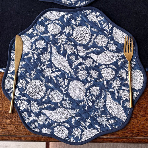 Handmade Round Cotton Placemats – navy Block Print Dining Table Decor Set