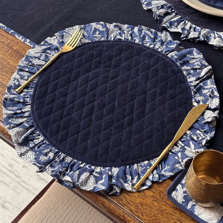 Boho Block Print Quilted Placemat with Ruffle Border – Handmade Cotton Table Decor