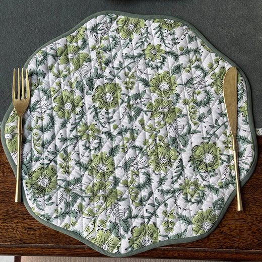 Sage Round Wave Piping Placemats – Cotton Block Print Table Mats Set | Washable Handmade Dining Decor