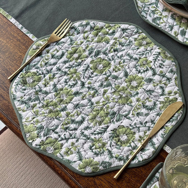 Sage Round Wave Piping Placemats – Cotton Block Print Table Mats Set | Washable Handmade Dining Decor