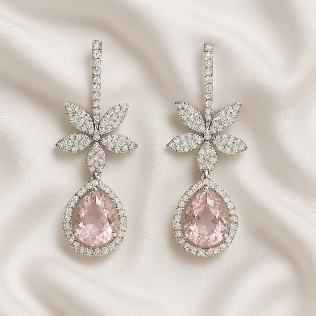 Pink Crystal Look Drop Earrings CZ AD – Floral Chandelier Silver Look Bridal Earrings