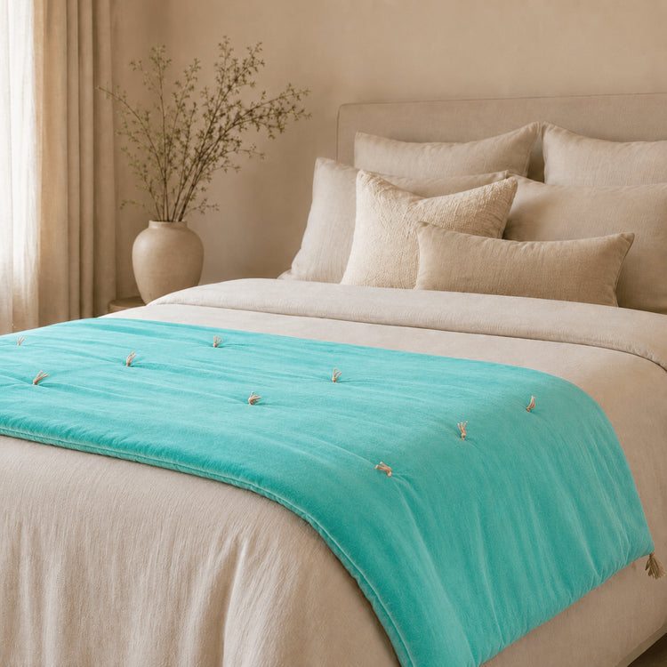 Turquoise Cotton Velvet Bed Runner | Hand-Tucked Bed Scarf with Tassels | Luxury Sofa Throw