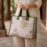 Thumbnail for Cotton printed Velvet Cotton Quilted Tote Bag: flower Print, Boho Indian Style