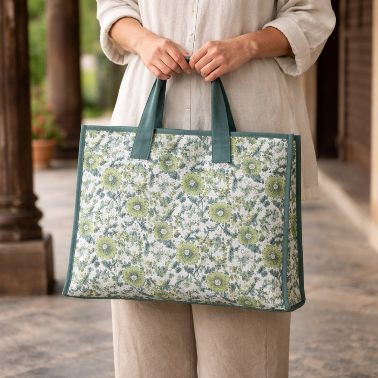 Cotton printed Velvet Cotton Quilted Tote Bag: flower Print, Boho Indian Style