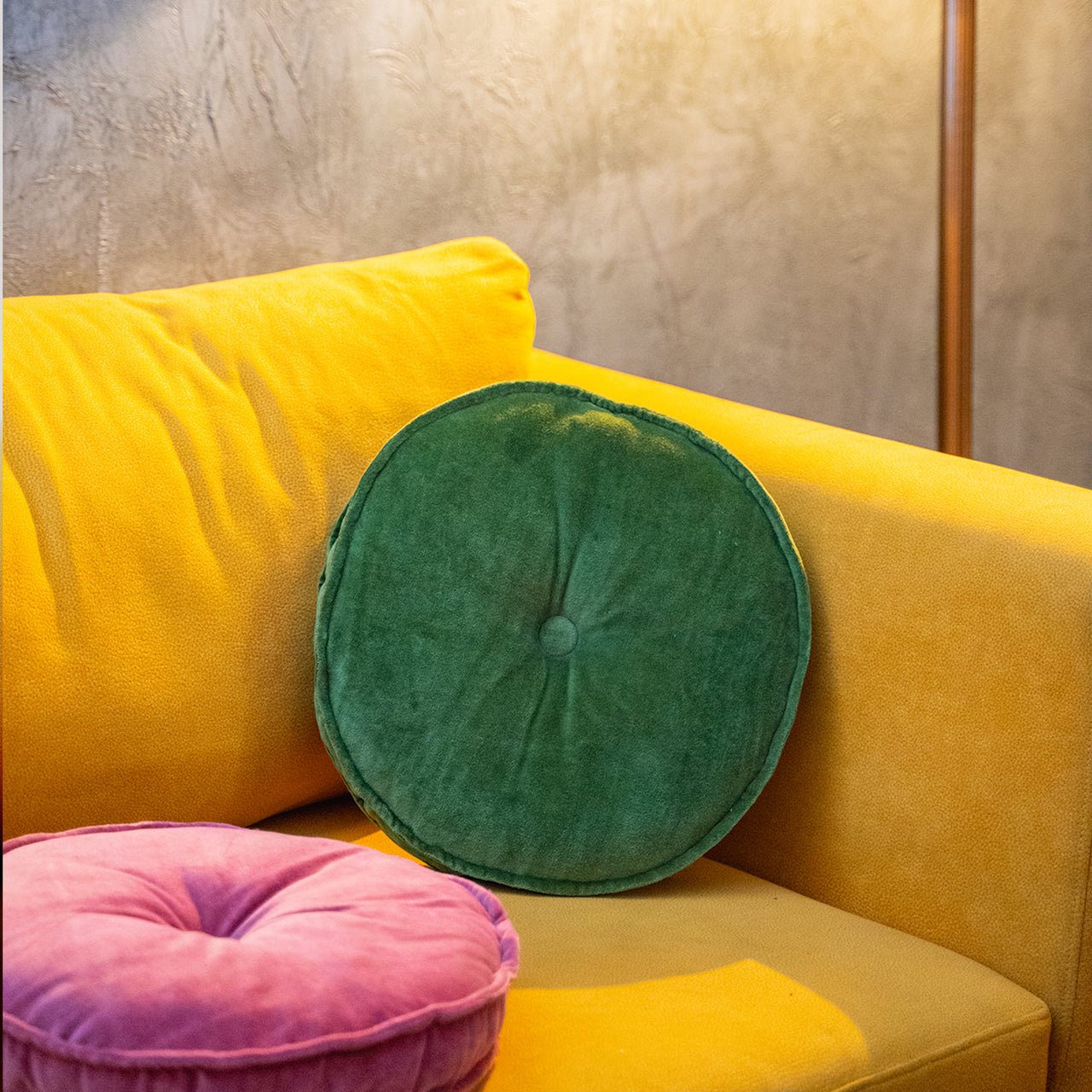 Round Cotton Velvet Throw Pillow | Tufted Decorative Cushion for Sofa & Bed