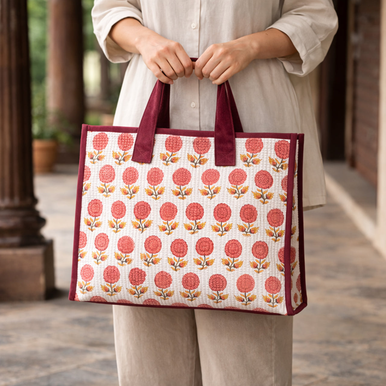Cotton printed Velvet Cotton Quilted Tote Bag: flower Print, Boho Indian Style