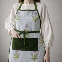 Thumbnail for Handmade Block Print Cotton Apron, Velvet Pocket, Adjustable Straps