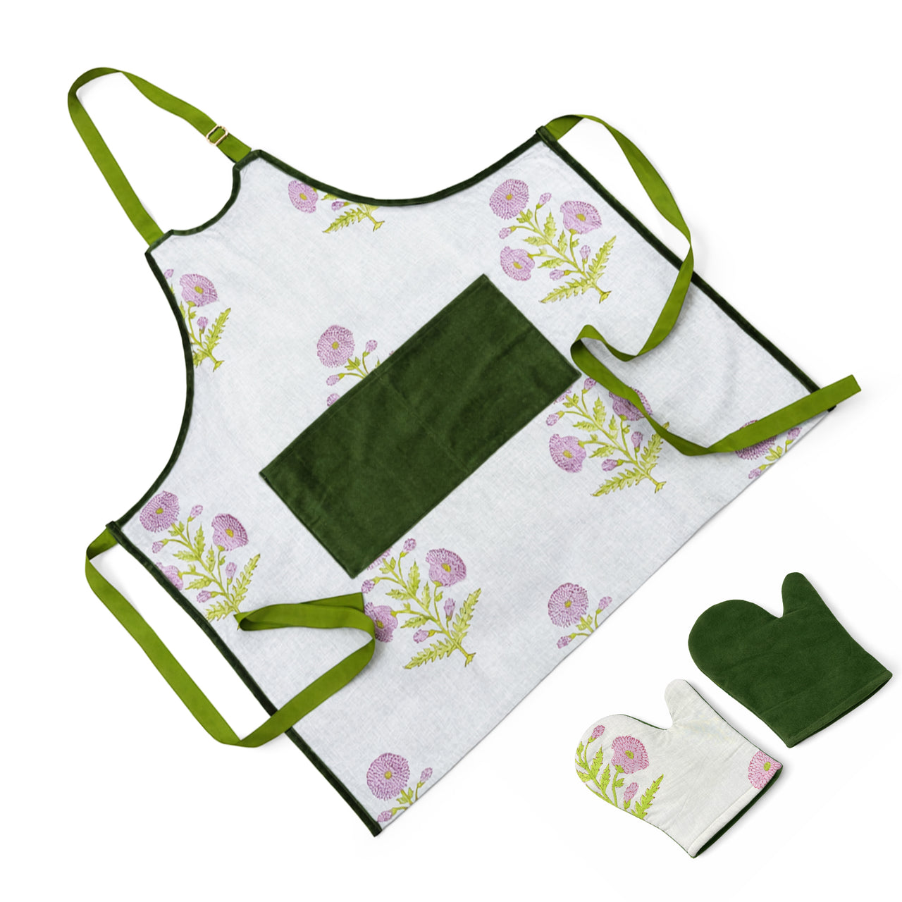 Handmade Block Print Cotton Apron, Velvet Pocket, Adjustable Straps