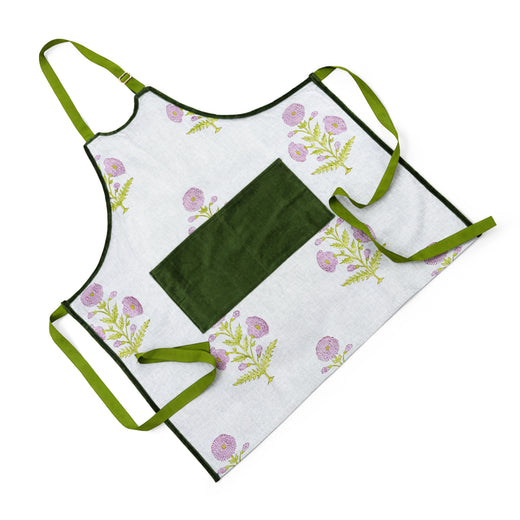 Moss Green & White hand block print apron, additional view