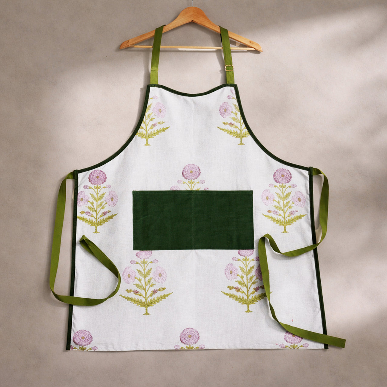 Handmade Block Print Cotton Apron, Velvet Pocket, Adjustable Straps
