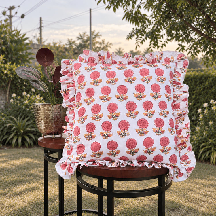 Block Print Ruffle Pillow Cover – Cotton Frill Cushion Cover, Rustic Decorative Throw Pillow Case for Bedroom, Sofa & Home Decor