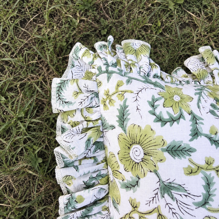 Ruffled Lumbar Pillow Cover | 100% Washed Cotton Hand Block Print Decorative Cushion Cover