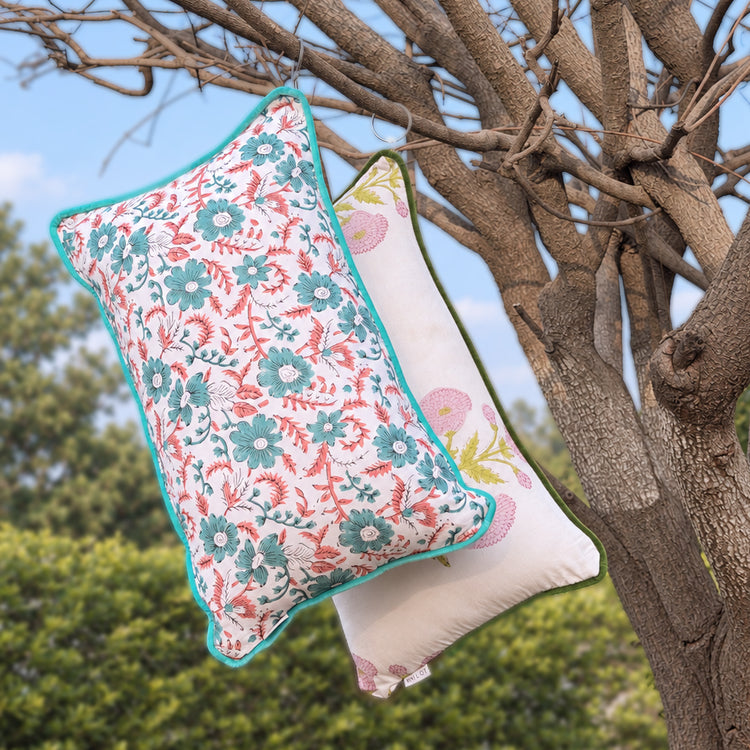 Floral Hand Block Print Cotton Lumbar Pillow Cover with Velvet Piping