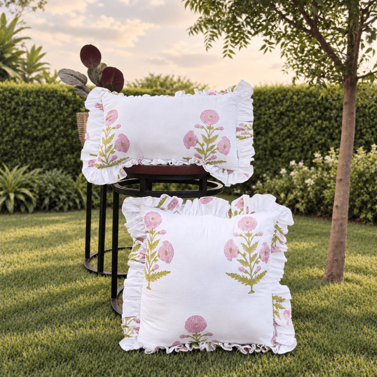 Block Print Ruffle Pillow Cover – Cotton Frill Cushion Cover, Rustic Decorative Throw Pillow Case for Bedroom, Sofa & Home Decor