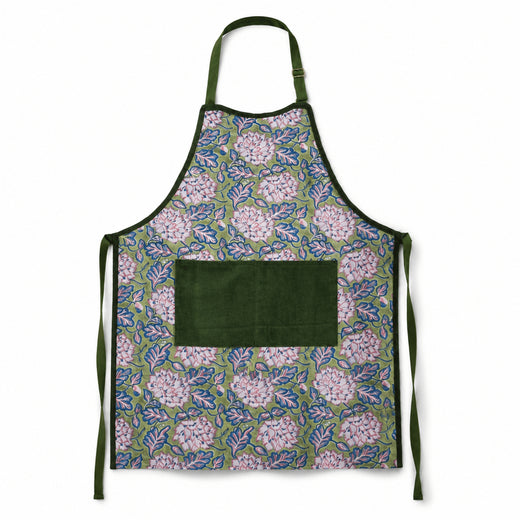 Moss Green Peony Floral Hand Block Print Apron with Velvet Pocket, Adjustable Straps