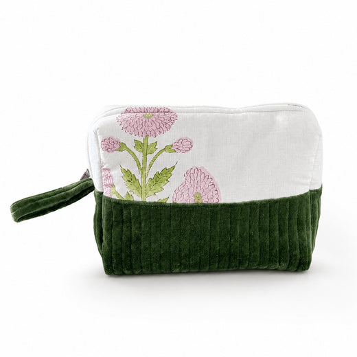Quilted Cotton Velvet Makeup Organizer Pouch with Block Print Detail