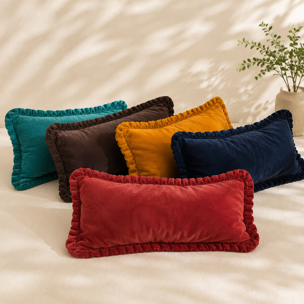 Cotton Velvet Lumbar Cushion Cover with frill