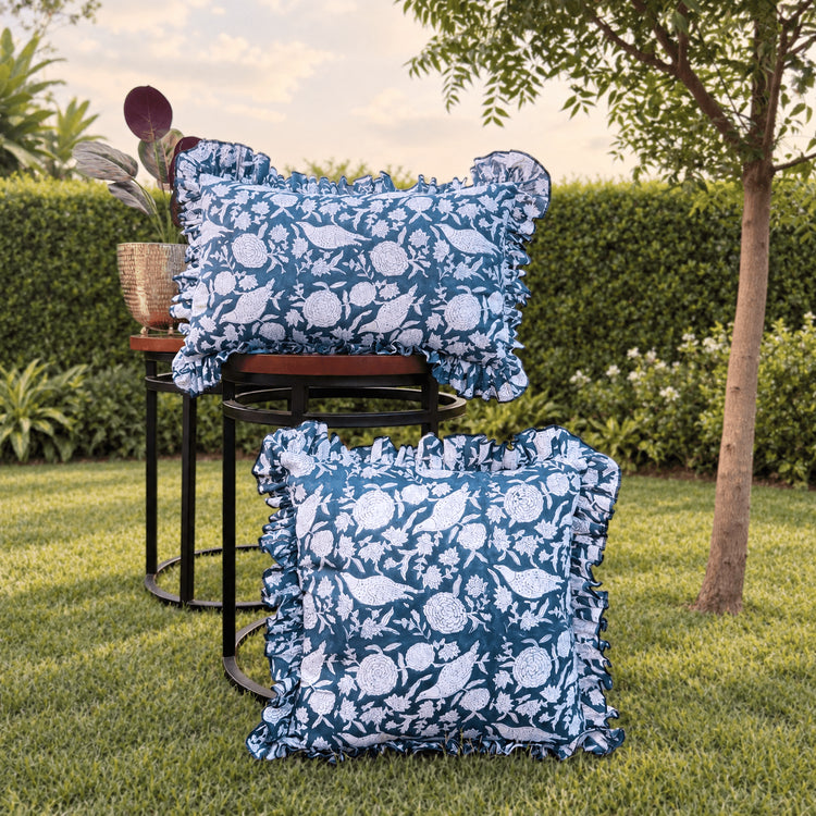 Block Print Ruffle Pillow Cover – Cotton Frill Cushion Cover, Rustic Decorative Throw Pillow Case for Bedroom, Sofa & Home Decor
