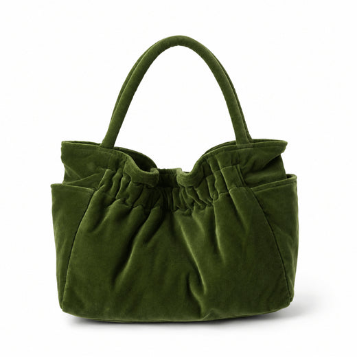 Handmade Moss Green Velvet Shopper Tote | Soft Quilted Everyday Bag with Pockets | Cotton Lined