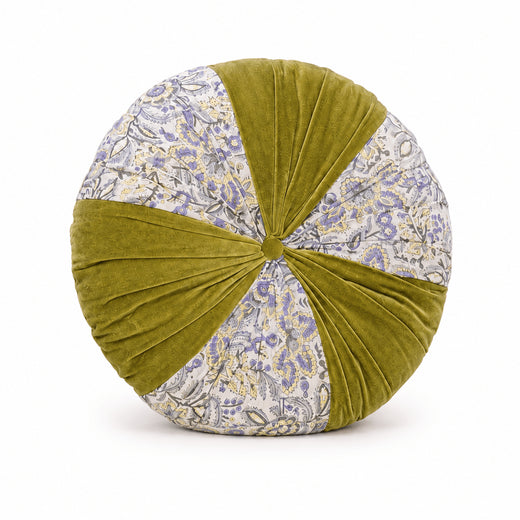 Dusty mustard Hand Block Printed round pleated Cushion pillow for seat pad for chair for stool (Copy)