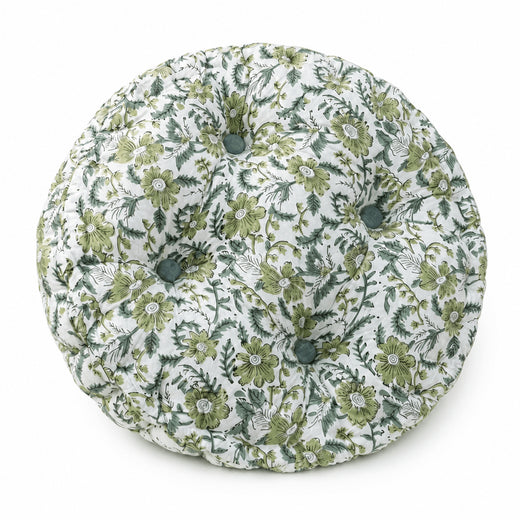 Round Chair Cushion with 4 Velvet Buttons | Handmade Cotton Seat Pad for Dining Chairs, Stools, Indoor & Outdoor Use