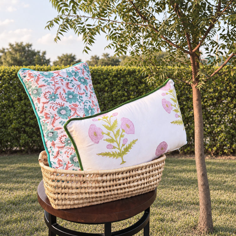Floral Hand Block Print Cotton Lumbar Pillow Cover with Velvet Piping