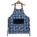 Thumbnail for Navy Blue Bird & Floral Hand Block Print Apron with Velvet Pocket, Adjustable Straps