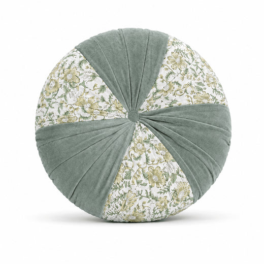 Sage Hand Block Printed round pleated Cushion pillow for seat pad for chair for stool