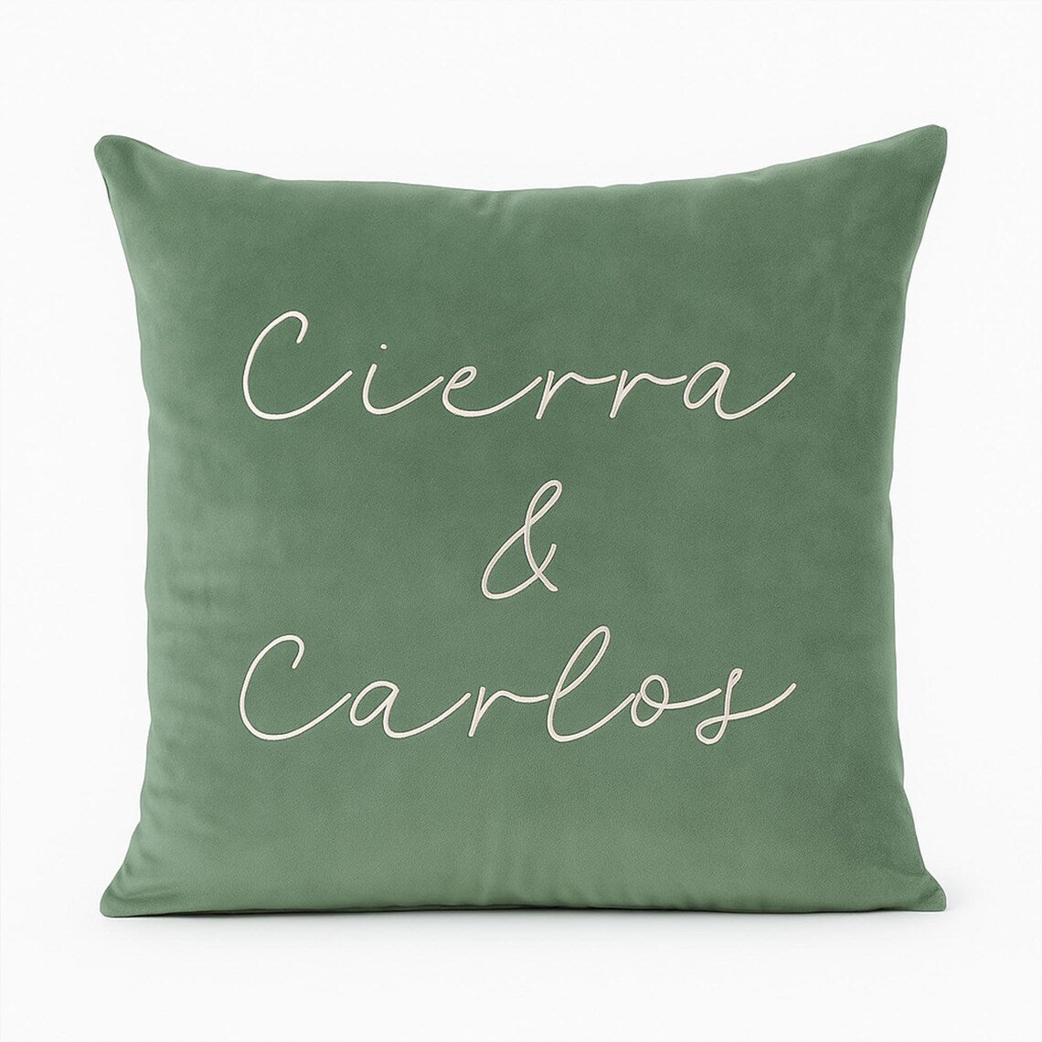 Personalized Velvet Cushion Cover – Custom Name Pillowcase in Sage Green – Wedding Gift, Couple Pillow, Soft Velvet Throw Pillow Cover