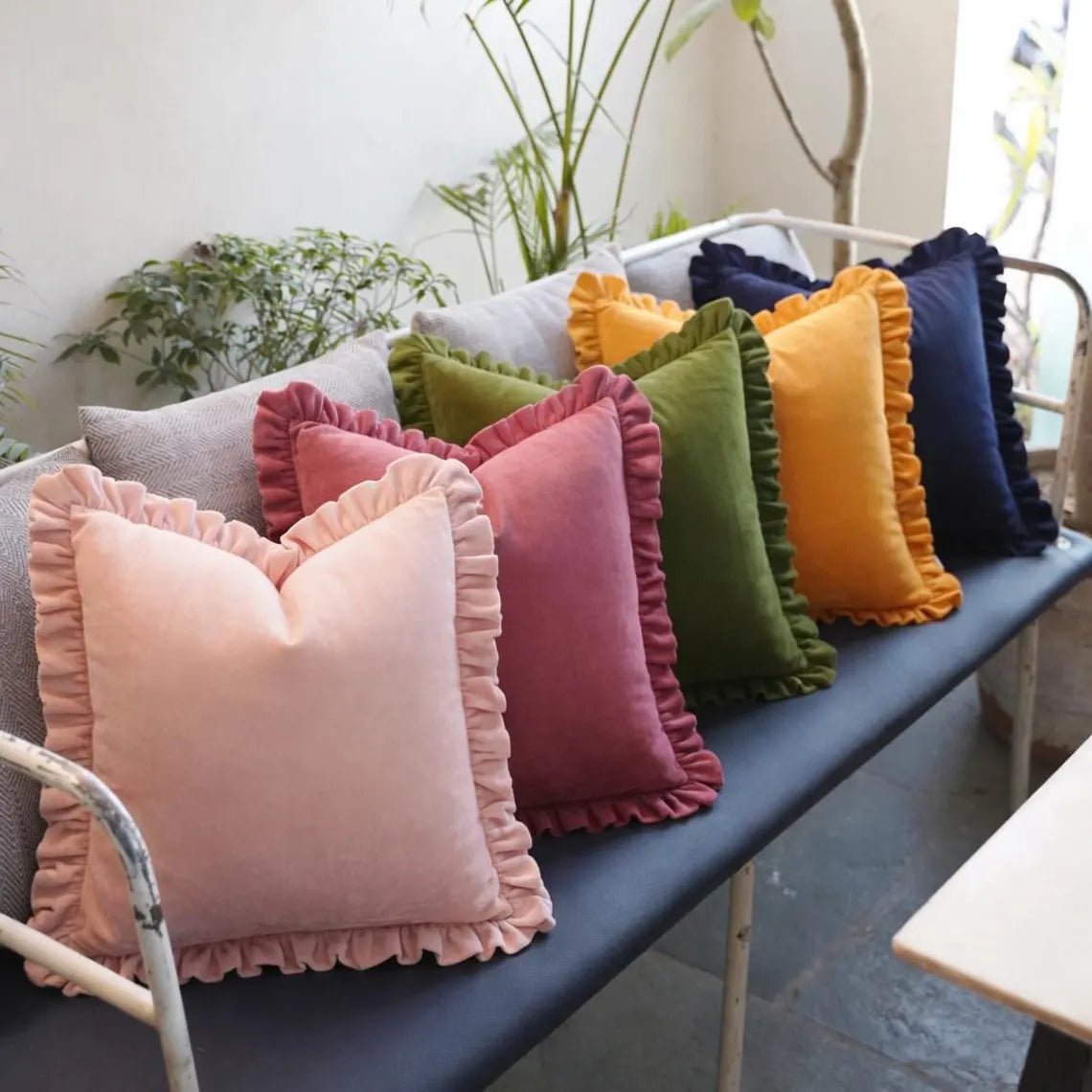 Cotton Velvet Ruffle Cushion Cover | Soft Decorative Throw Pillow, 48 Colors, Custom Sizes Available
