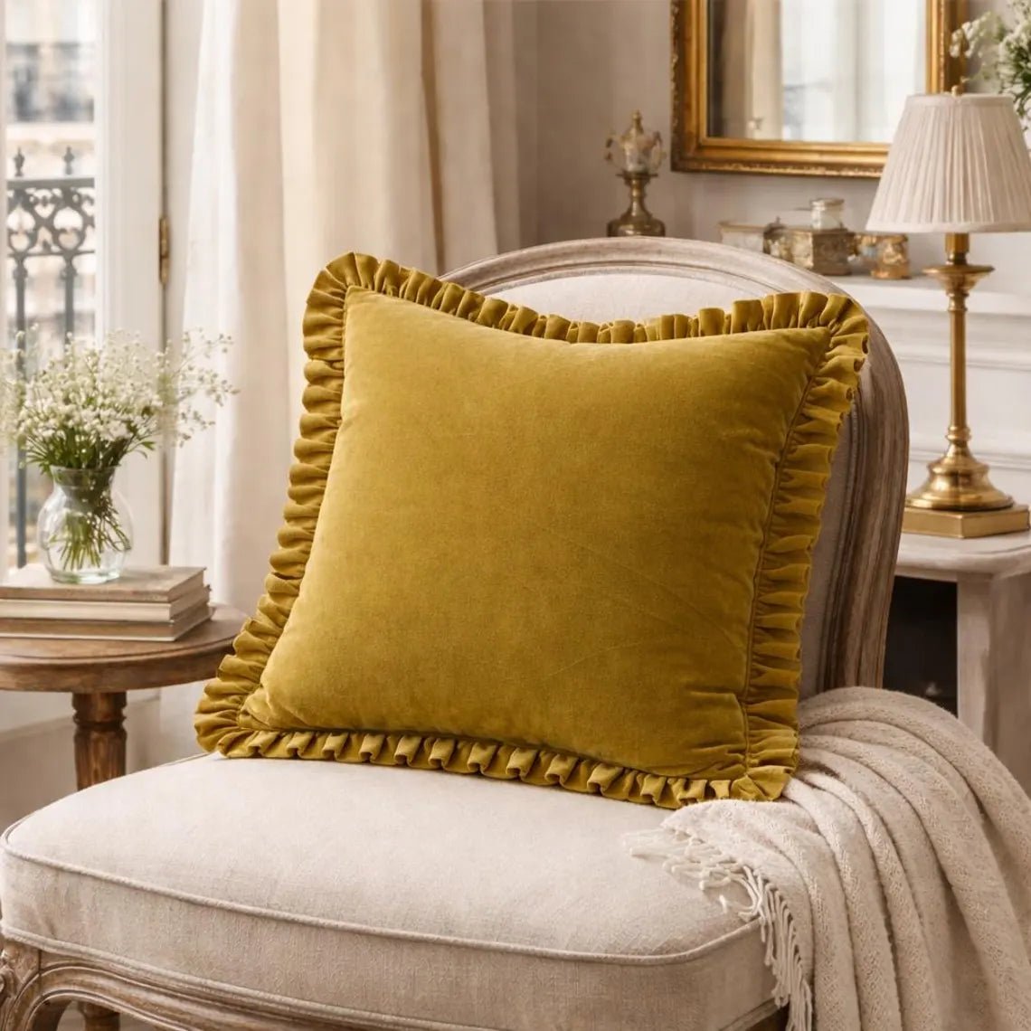 Cotton Velvet Ruffle Cushion Cover | Soft Decorative Throw Pillow, 48 Colors, Custom Sizes Available