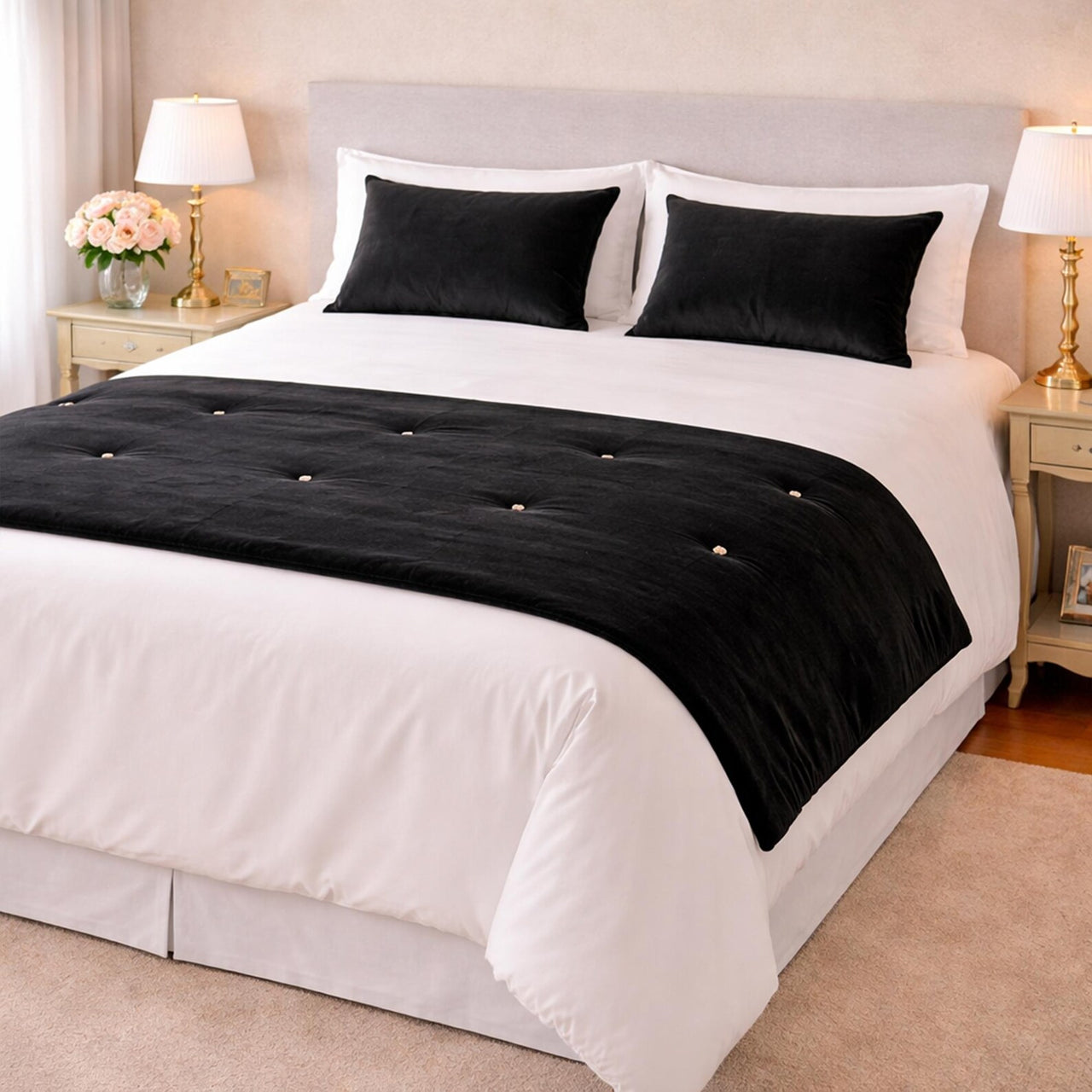 Luxury Black Cotton Velvet Bed Runner: Twin, Full, King, Queen
