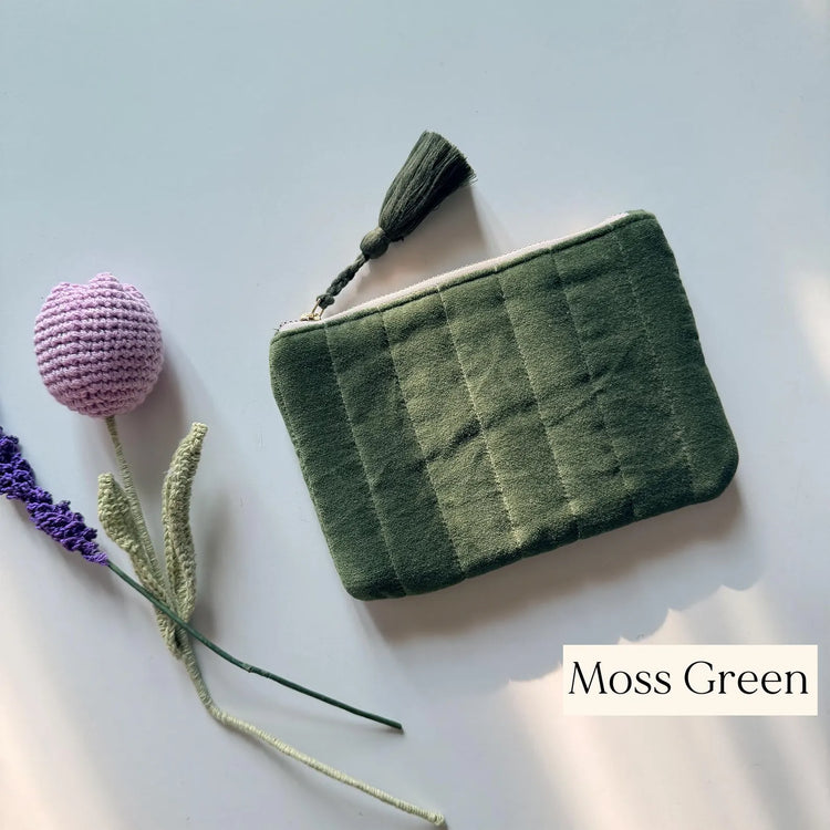 Personalized Cotton Velvet Zipper Pouch with Tassel – Custom Name Makeup Bag – YKK Gold Zip Cosmetic Case – Bridesmaid Gift