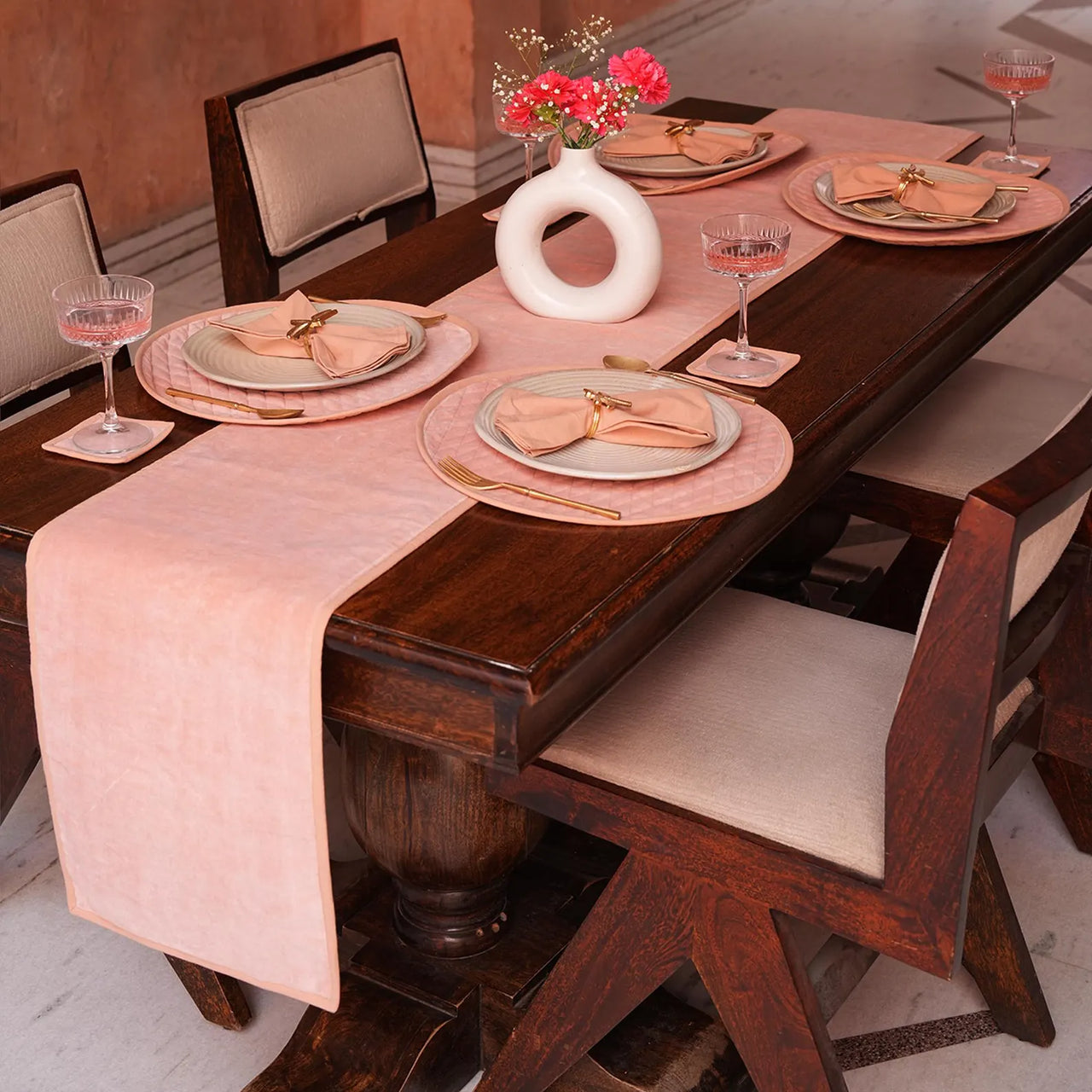 Cotton Velvet Table Runner Set with Round Quilted Placemats, Coasters & Cotton Napkins