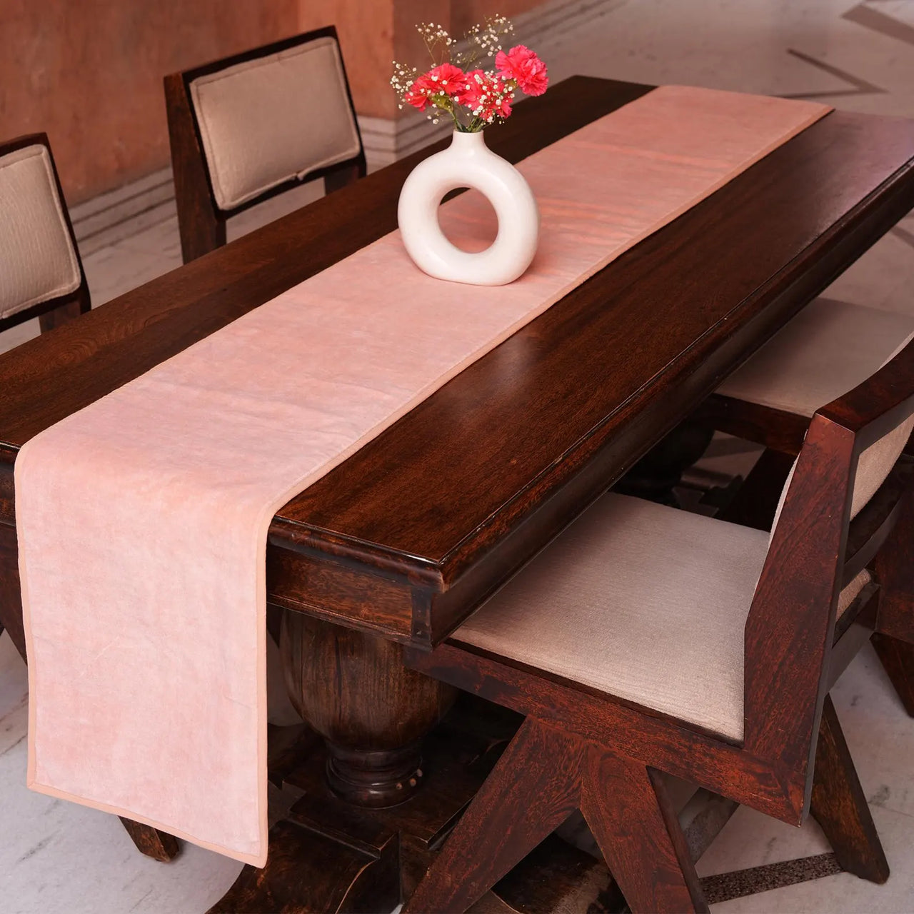 Cotton Velvet Table Runner Set with Round Quilted Placemats, Coasters & Cotton Napkins