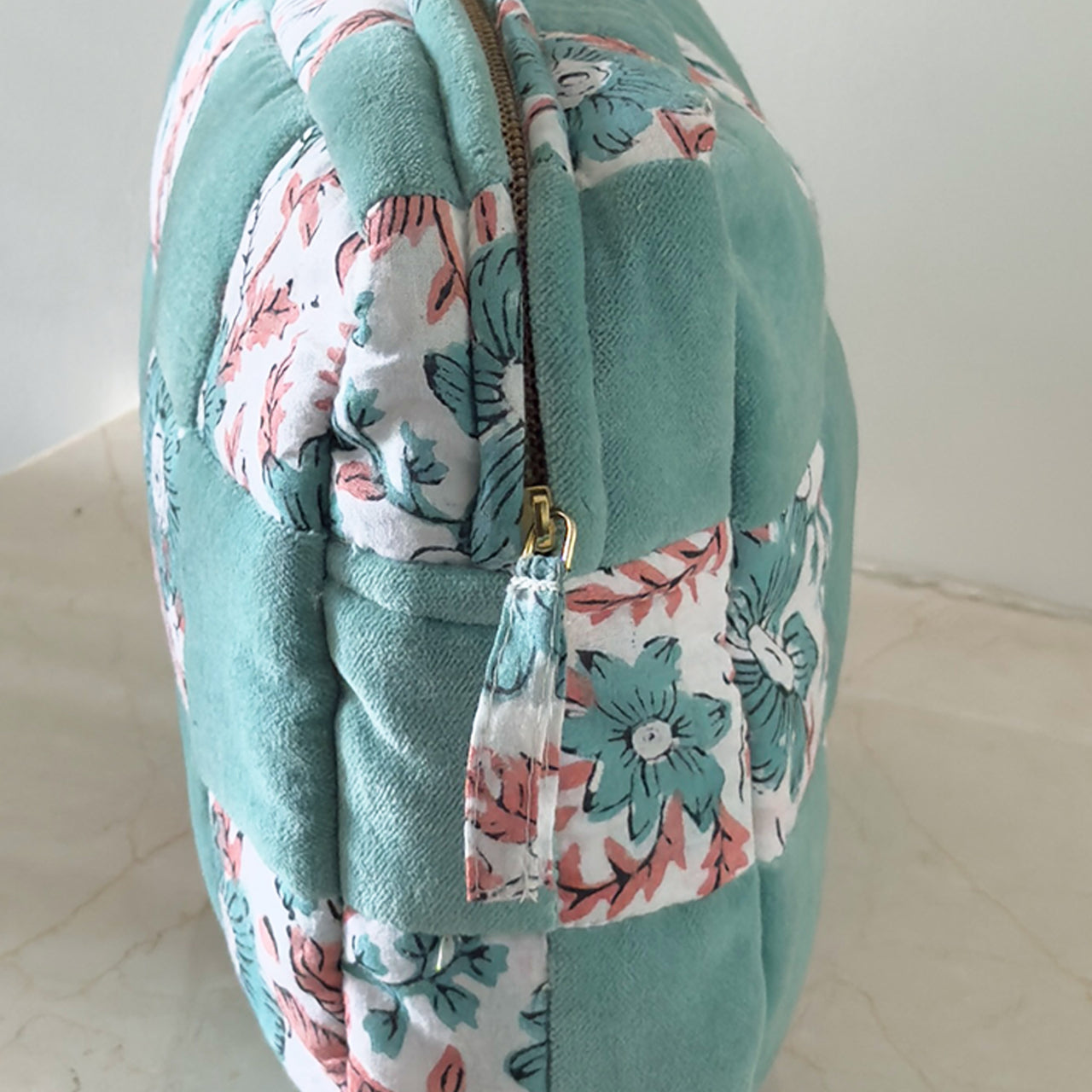 Handmade Quilted Velvet & Block Print Pouch – Travel Makeup Bag | Soft Cosmetic Organizer | 7 Color Options