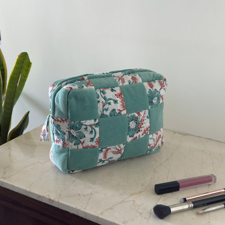 Handmade Quilted Velvet & Block Print Pouch – Travel Makeup Bag | Soft Cosmetic Organizer | 7 Color Options