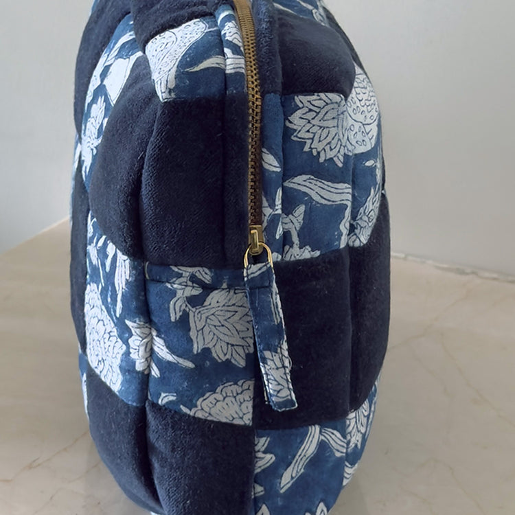 Handmade Quilted Velvet & Block Print Pouch – Travel Makeup Bag | Soft Cosmetic Organizer | 7 Color Options