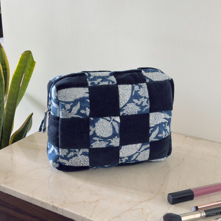Handmade Quilted Velvet & Block Print Pouch – Travel Makeup Bag | Soft Cosmetic Organizer | 7 Color Options